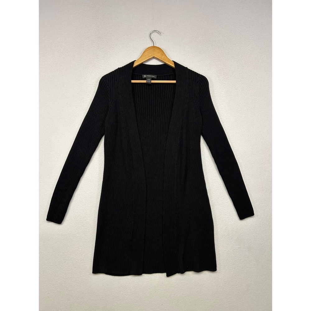Minimalist Quiet Luxury INC Women Medium Black Silk Cotton Ribbed Open Cardigan